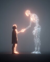 Abstract glowing wireframe of a humanoid robot shaking hands with a human.