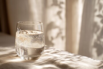 Elegant glass of water with collagen powder swirling inside, soft morning light, minimal luxury kitchen background, cinematic lighting, premium health supplement aesthetic, horizontal composition