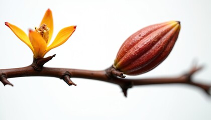 Cacao tree branch close up. Small yellow flower and unripe cacao pod. Chocolate ingredient from organic farm. Natural food photo. Farming eco bussiness. Fruit plant grows at agriculture.