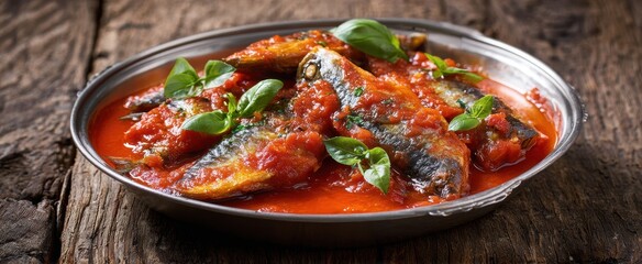 The delicious sardines simmered in rich tomato sauce with fresh basil garnish.