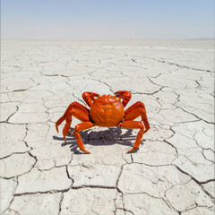 Vibrant Orange Crab Against White Cracked Salt Flat with Minimalist Aesthetic
