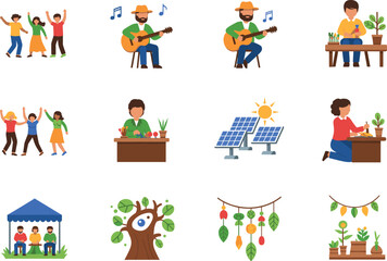 Eco-Education Vector Icons Set – Sustainable Learning, Environmental Awareness, and Green Lifestyle Illustrations