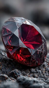 An exquisitely cut, deep red garnet gemstone sparkles against a rough, dark rock surface, its facets reflecting light and revealing its internal beauty and depth.