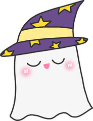 Adorable sleepy ghost with wizard hat and pink blush, cute Halloween night illustration in pastel tone