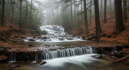 Layered river waterfall in foggy mountain forest