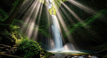 Waterfall with sunlight beams through dense trees