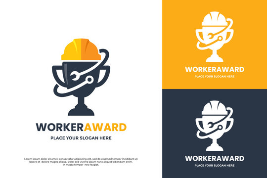 Worker Award logo design. A trophy with a construction helmet and a wrench emblem symbolizes excellence in industry, engineering, and mechanical repair. Ideal for worker recognition.