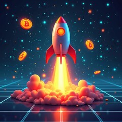 Digital rocket blasts off into starry space surrounded by bitcoin coins. Crypto currency launches upward creating bright fiery exhaust and cloud effect. Futuristic financial growth concept.