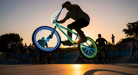 Silhouette of BMX Rider Performing Trick with Neon Outlines at Skatepark, BMX Rider Silhouetted Against Sunset with Neon-Illuminated Bicycle at Skatepark