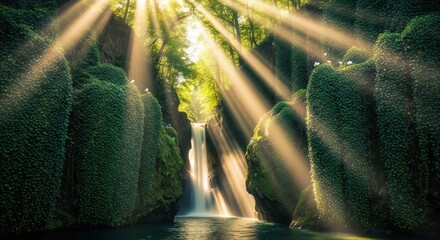 Narrow waterfall surrounded by moss-covered canyon