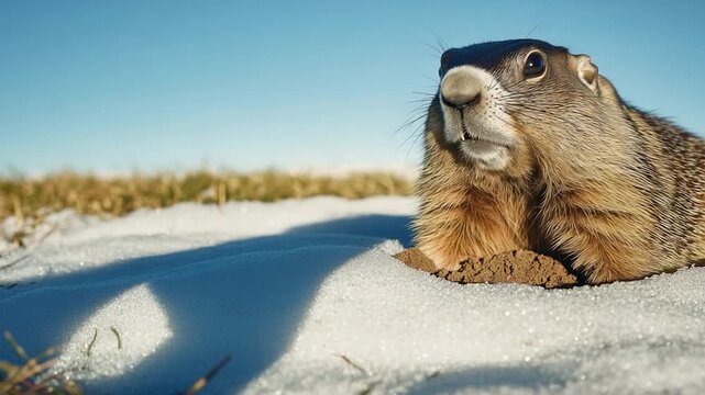 A groundhog rests in the snow on a sunny day