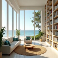 Fototapeta premium Beachfront library with floor to ceiling windows and ocean views. Modern minimalist decor. Bookshelves filled with literature. A cosy seating area overlooks the sea.