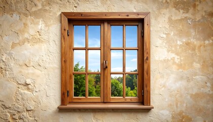 Wooden window in textured stone wall, showcasing a scenic view of trees and sky