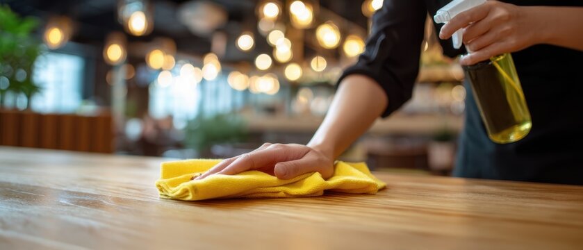 The wooden table being wiped by a worker in a bright cafe interior