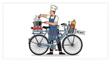 Whimsical culinary bicycle concept illustration showcasing the passion for cooking and cycling adventures simultaneously