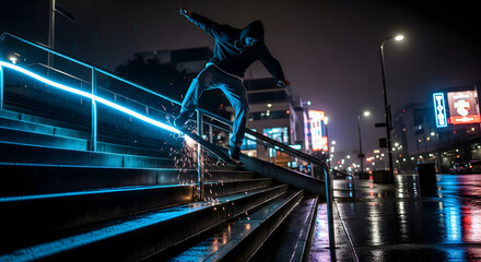 Grinding the Night Away: A Skateboarder's Neon-Lit Stunt, Urban Skateboarding in a Rainy Metropolis at Night