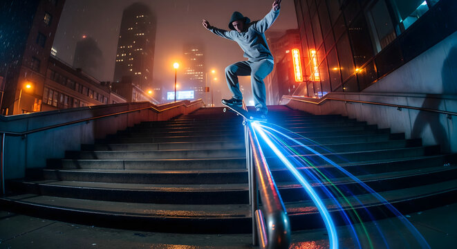 Skateboarder Grinding Railing in City, Urban Skateboarding at Night, Skateboarder Performing Grind on Staircase Railing, Rain-Soaked Cityscape Backdrop