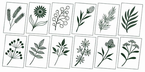 Set of green plant leaf and flower pattern seamless vector illustration design