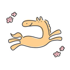笑顔で走る馬と梅の花のかわいい線画イラスト　2026 正月素材
