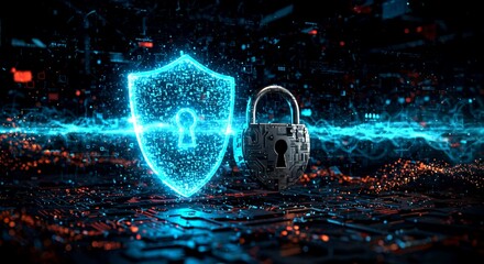 Digital Shield and Padlock Protecting a Futuristic City Network