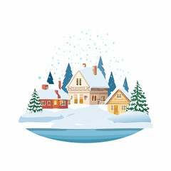 Snow falling over small winter village