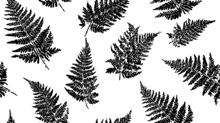 This image showcases a seamless pattern featuring numerous black fern silhouettes gracefully scattered against a clean, bright white background.