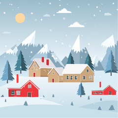 Snow falling over small winter village