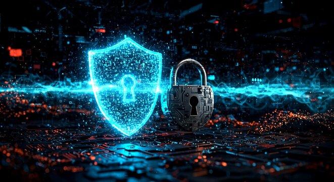 Digital Shield and Padlock Protecting a Futuristic City Network