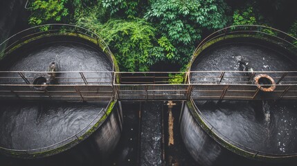 Industrial wastewater treatment process in eco-friendly facility urban environment aerial view sustainable practices