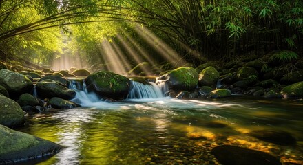 Serene forest river with morning sunlight