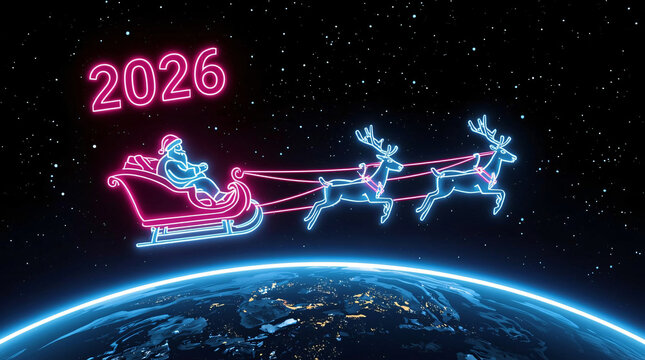 Neon santa claus and reindeer sleigh fly over earth in 2026 space scene