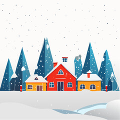 Snow falling over small winter village