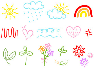 Set of colorful doodles including sun, rainbow, flowers, clouds, and hearts, cheerful hand-drawn illustration.