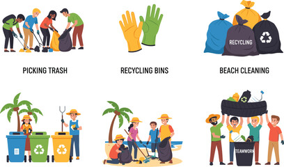 Obraz premium NGO and Volunteer Clean-Up Drives Vector Icons Set – Community Service, Environmental Awareness, and Teamwork Illustrations