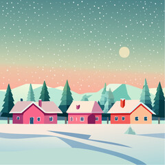 Naklejka premium Snow falling over small winter village