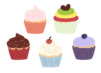 Set of colorful cupcakes with various frostings and toppings, sweet dessert illustration.