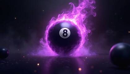 Black billiard eight ball ablaze in purple fire. Mystical flames surround number 8 ball on dark background. Smoky, energetic, glowing neon effect.