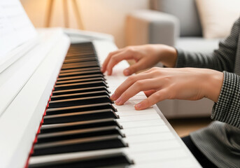 Obraz premium Hands Playing a White Digital Piano