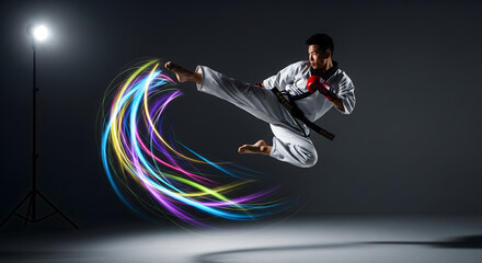Taekwondo Master Mid-Air Kick Surrounded by Colorful Trails, Capturing Action and Speed in Martial Arts