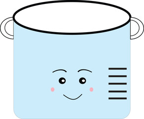 An adorable cooking pot icon featuring a cute face and measurement lines, designed in a clean, minimalist kawaii style. This charming vector is ideal for kitchen decor, cooking app icons, product labe