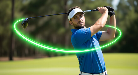 Professional Golfer in Full Swing, Displaying Kinetic Energy with Graphic Overlay, Energetic Golf Swing with Driver on Green Course, Enhanced with Green Kinetic Motion Visualization