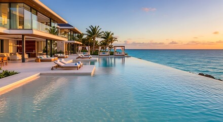 Luxurious oceanfront villa with infinity pool blending seamlessly with the tranquil turquoise sea at sunset creates a