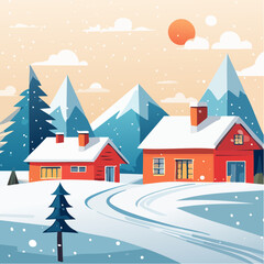 Snow falling over small winter village