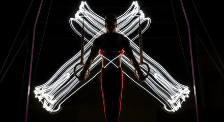 Silhouette Gymnast on Rings Showcasing Strength and Light, Art in Motion: Gymnast's Silhouette with Light Painting on Rings