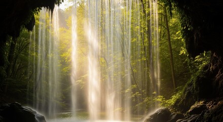 Sunlit waterfall through golden forest mist