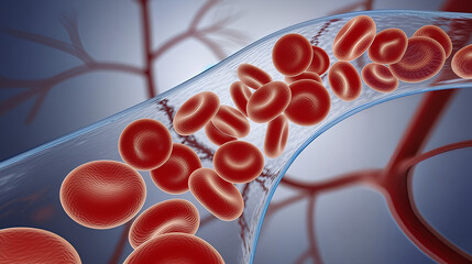 Red blood cells flowing through a blood vessel. 3D medical illustration showing realistic movement in the circulatory system.