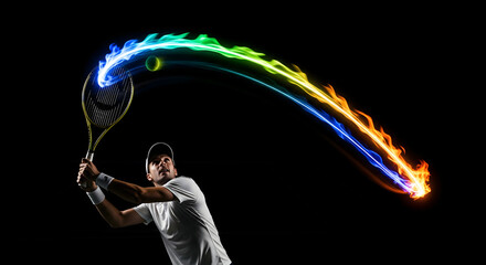 Tennis Player Hitting Ball with Colorful Light Streak, Dynamic Tennis Shot with Energy Trail and Dark Background