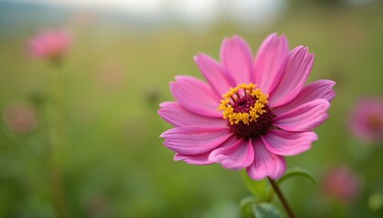 Fototapeta premium Close-up macro photo of vibrant pink daisy flower in bloom. Soft focus green field background. Delicate petals, yellow center detail. Nature beauty.