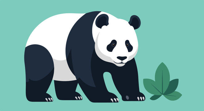 Illustration of a stylized panda bear standing beside green leaves on a teal background demonstrating wildlife conservation
