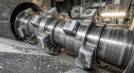 Close-up of a powerful industrial shredder in action, featuring rotating metal blades crushing material and creating flying debris in a factory setting.